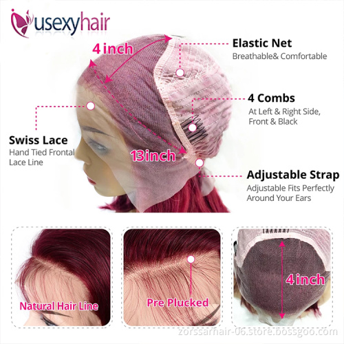 Top quality silk top straight pre plucked hd lace frontal wig new design short human hair bob wigs transparent  99j lace front w